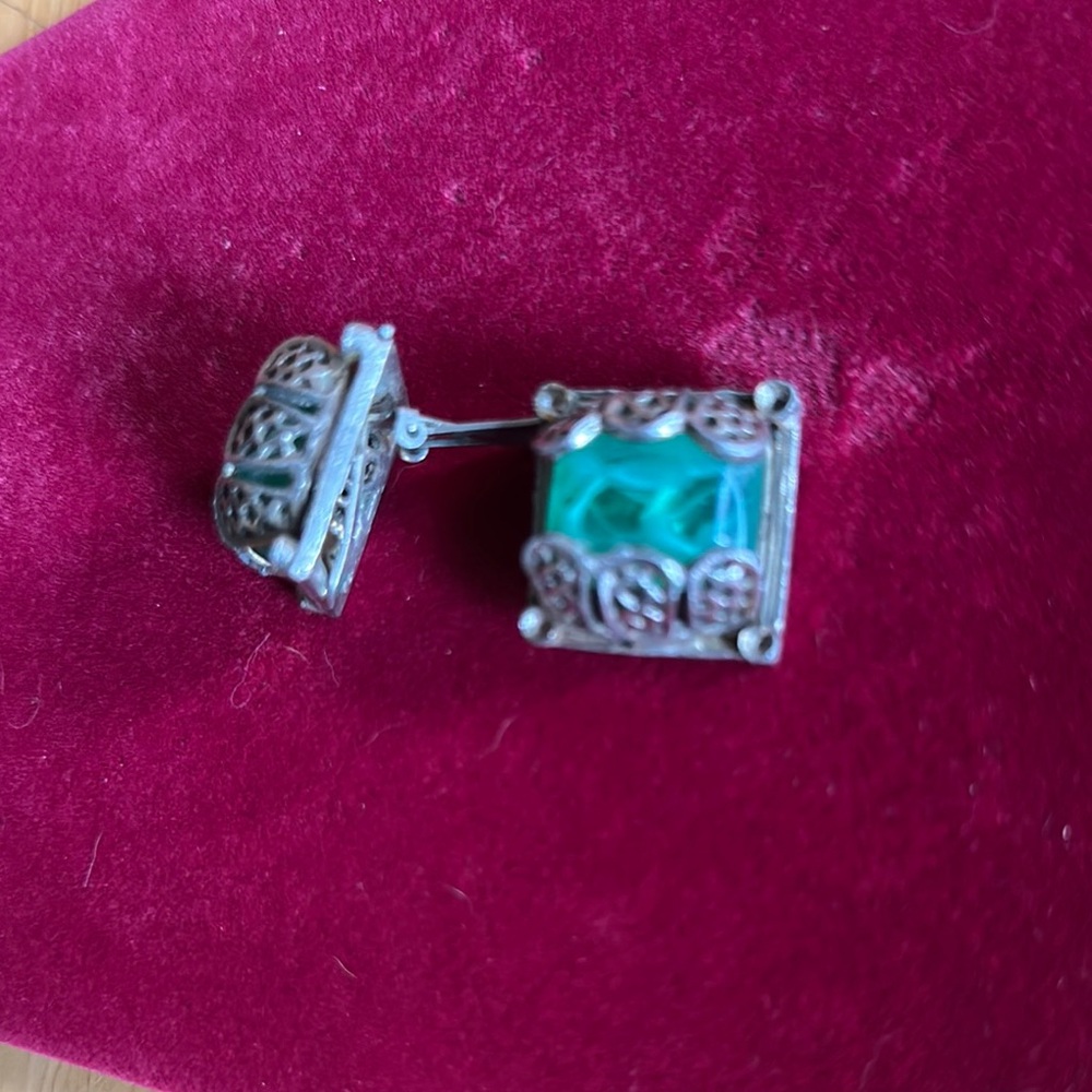 Elegant Vintage Silver and Green Clip on Earrings